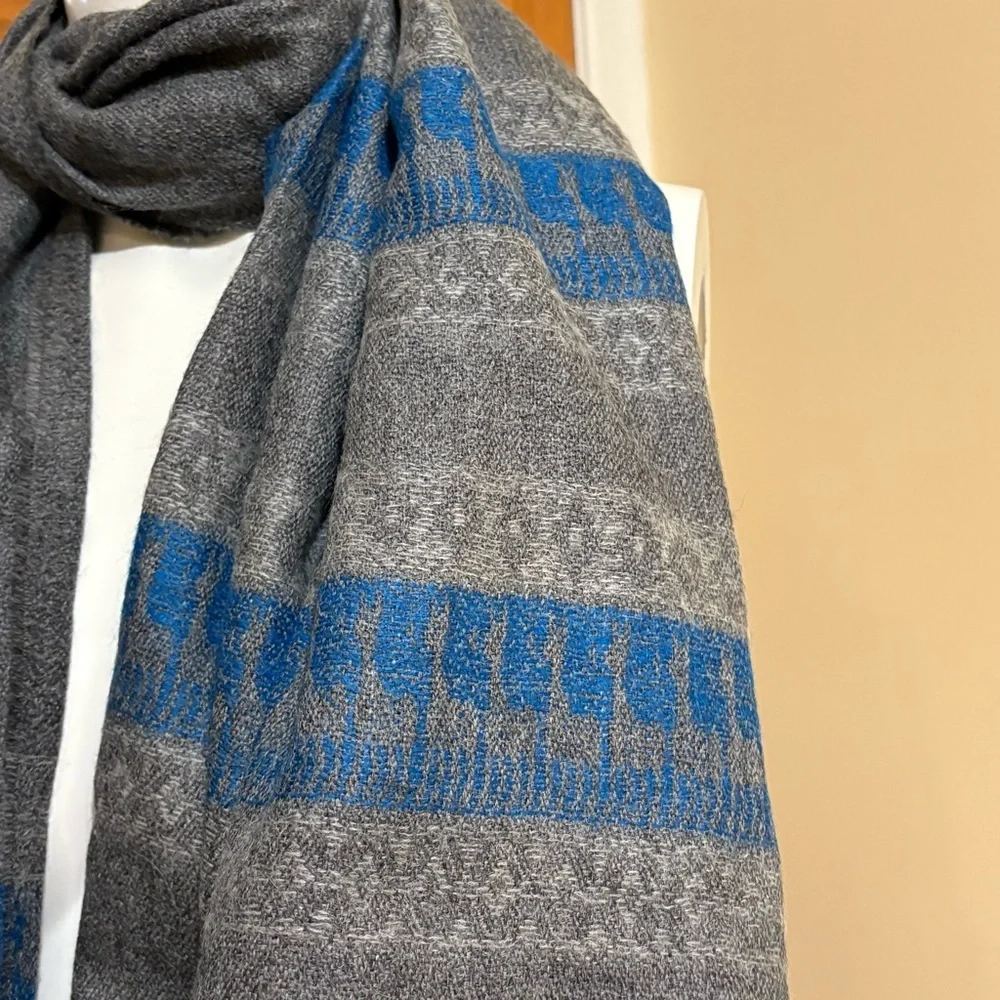 Alpaca Gray and Blue Striped Scarf with Fringe